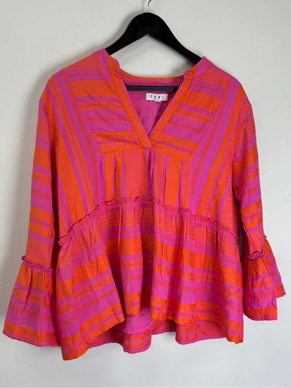 THML Pink and Orange Geometric V-Neck Tunic